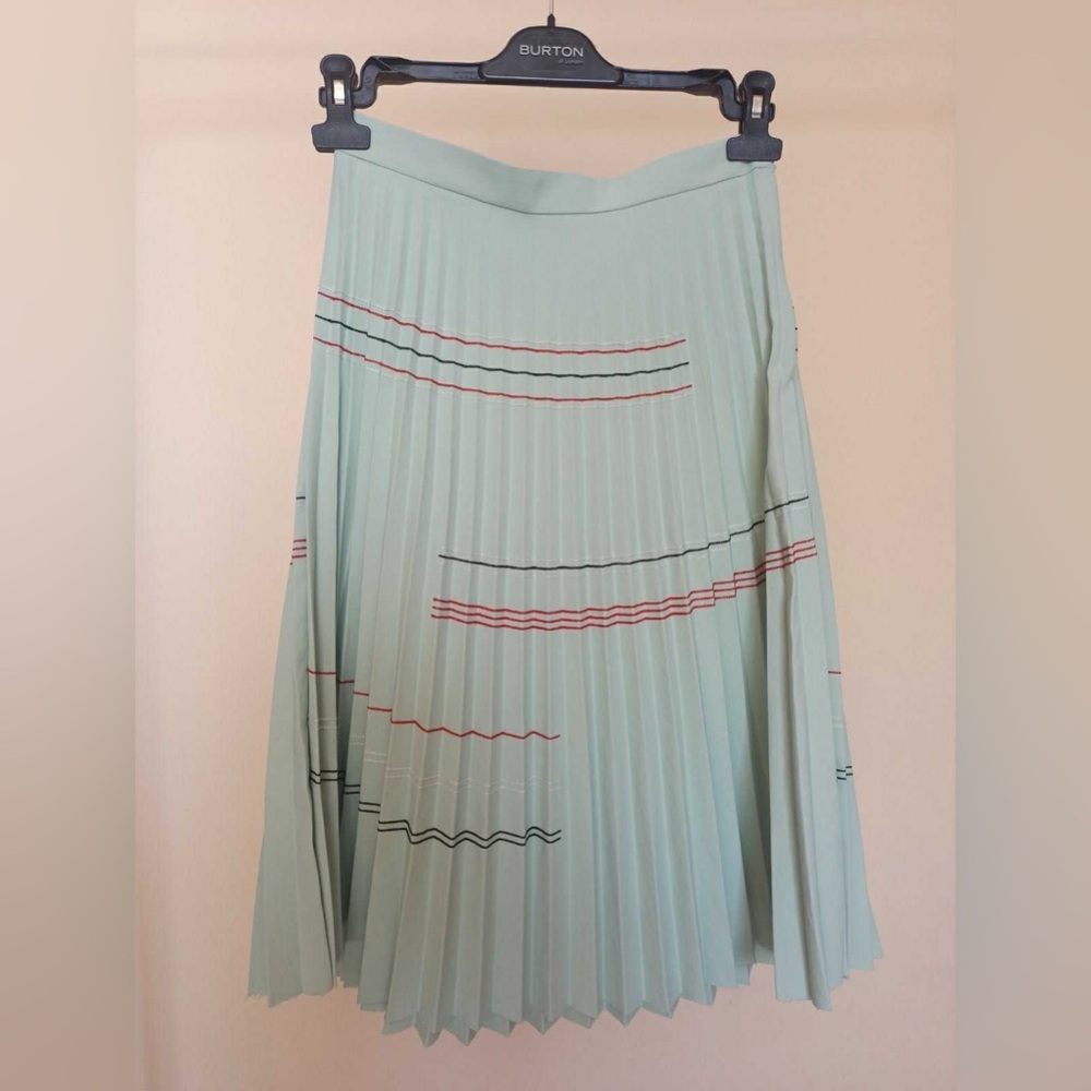 Carven Light Green Pleated Skirt with Red and Black Stripes